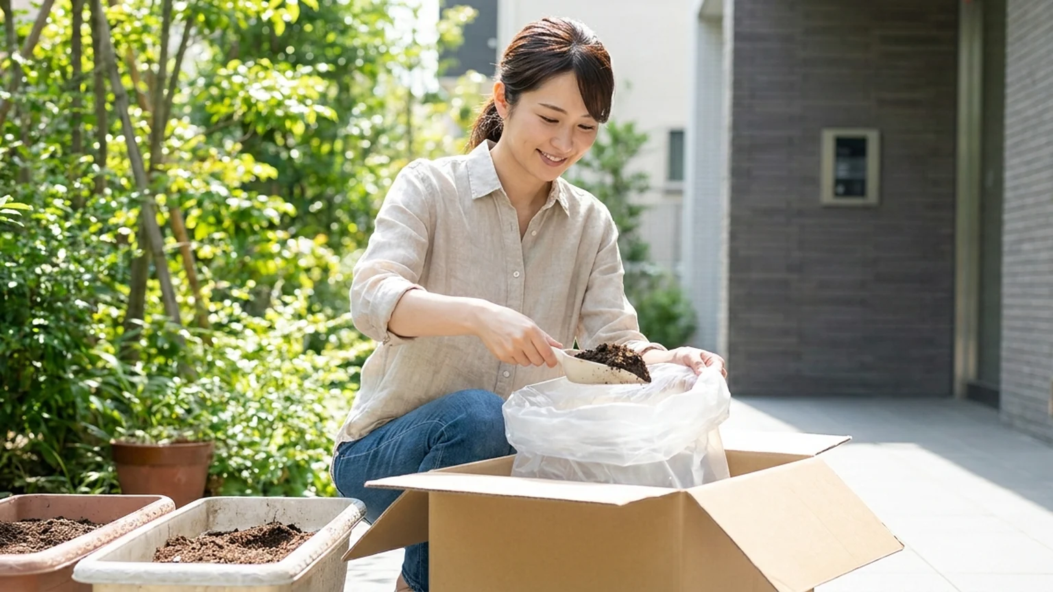 三鷹市の玄関先でプランターの土を段ボールに詰めてツチルの回収サービスで処分する様子