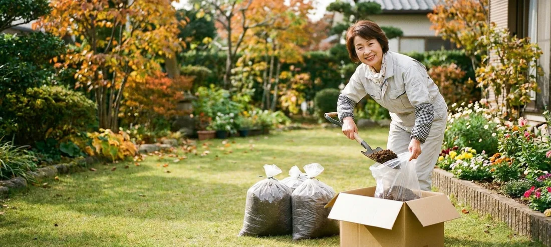 庭じまいで花壇の古い土を段ボール箱に詰める60代の女性。ツチルなら庭の土を玄関先まで回収します。