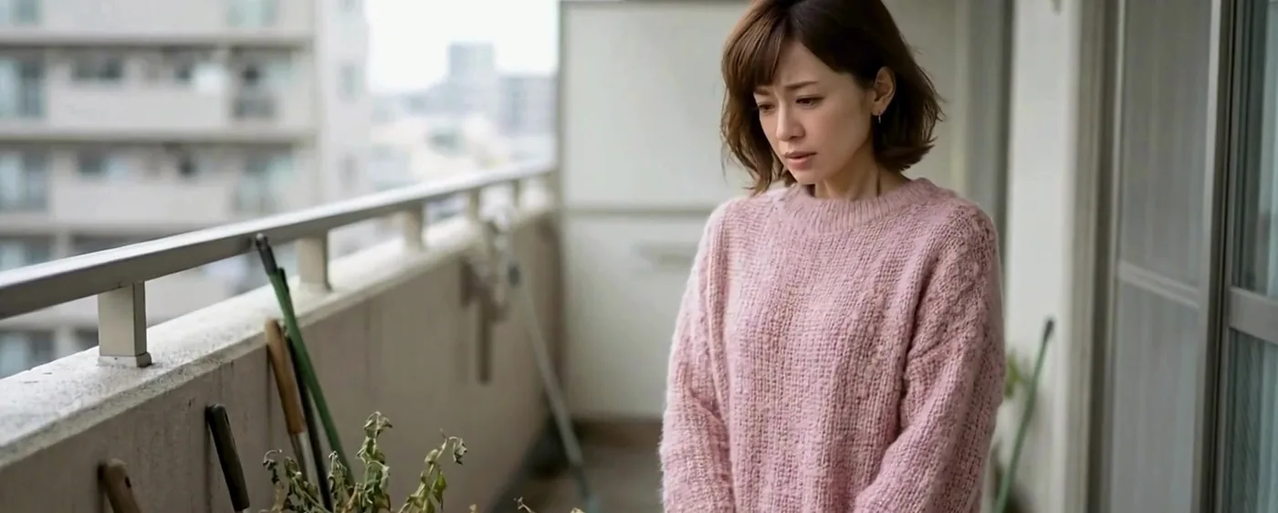 東京のマンションのベランダで、枯れた鉢植えと使い終わった土を前に処分方法に悩む女性。東京23区では土はゴミとして回収されません。